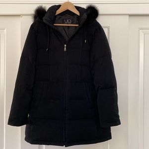 Utex Design Black Long Down Puffer Coat with Faux Fur Removable Hood